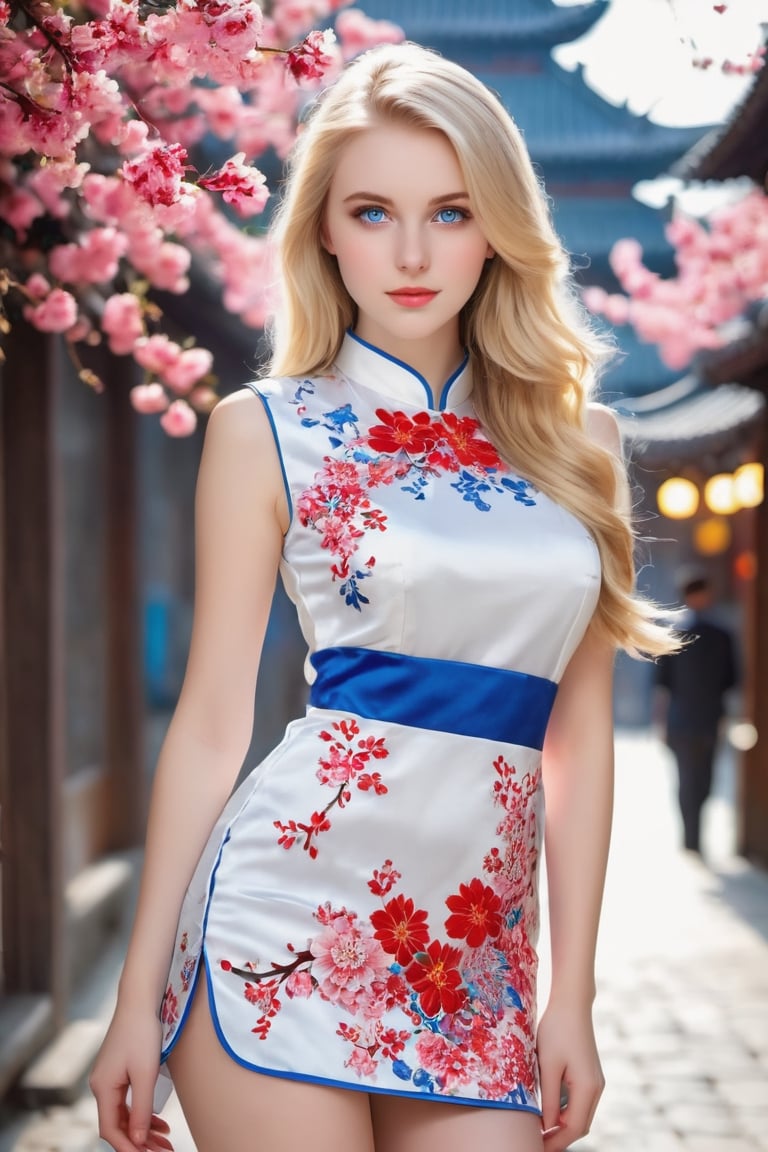 An 18-year old beautiful European girl, (perfect symmetrical blue eyes, eyes yearning to connect), long blonde hair, (fair skin:1.2), (beautiful face and eyes), wearing a (white with red floral patterns Chinese sleeveless cheongsam), (slender body, large breasts), (24” waist, flat stomach, narrow hips, real_hands, perfect legs), (bustling vibrant city background, bokeh), (natural skin texture, detailed skin texture, skin fuzz), facing the viewer, full body, photography, 12K, UHD, natural lighting, sharp focus, high contrast, hyper-detailed