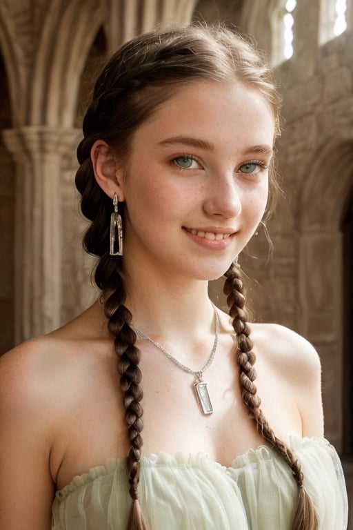 An 18 yr old extremely attractive girl,  (pale white skin),  (perfect light green eyes),  (long double braided dark blond hair),  ((european teen), cute smile, soothing tones,  muted colors,  high contrast,  (natural skin texture,  hyperrealism,  soft light,  sharp),  (see-through:1.1),  strapless sexy summer dress,  jewel necklace,  silver earrings, ((old castle interior))
