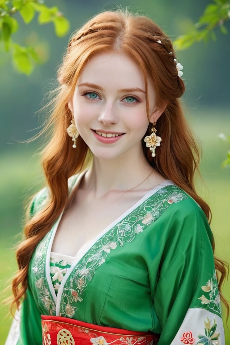 18-year old beautiful European girl, cute girl, (long light ginger red hair:1.3), (symmetrical light green eyes:1.2), (pale skin:1.2), happy smiling, (perfect white teeth:1.3), (detailed beautiful face and eyes), earrings, perfect body, ((slender body, large breasts, flat stomach, 24" waist, narrow hips)), wearing ((Chinese folk costume)), (natural skin texture, detailed skin texture, skin fuzz), outdoor with lots of greens, full body, close-up, ((facing viewer)), best quality, soft lighting, photography, 12K, UHD, hyper-detailed