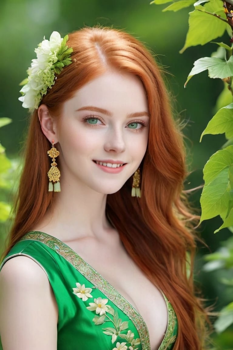 18-year old beautiful European girl, cute girl, (long light ginger red hair:1.3), (symmetrical light green eyes:1.2), (pale skin:1.2), happy smiling, (perfect white teeth:1.3), (detailed beautiful face and eyes), earrings, perfect body, ((slender body, large breasts, flat stomach, 24" waist, narrow hips)), wearing ((Chinese folk costume)), (natural skin texture, detailed skin texture, skin fuzz), outdoor with lots of greens, full body, close-up, ((facing viewer)), best quality, soft lighting, photography, 12K, UHD, hyper-detailed