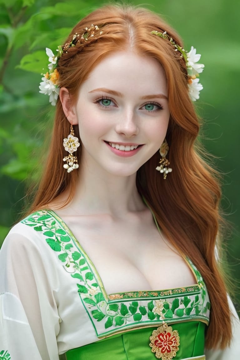 18-year old beautiful European girl, cute girl, (long light ginger red hair:1.3), (symmetrical light green eyes:1.2), (pale skin:1.2), happy smiling, (perfect white teeth:1.3), (detailed beautiful face and eyes), earrings, perfect body, ((slender body, large breasts, flat stomach, 24" waist, narrow hips)), wearing ((Chinese folk costume)), (natural skin texture, detailed skin texture, skin fuzz), outdoor with lots of greens, full body, close-up, ((facing viewer)), best quality, soft lighting, photography, 12K, UHD, hyper-detailed