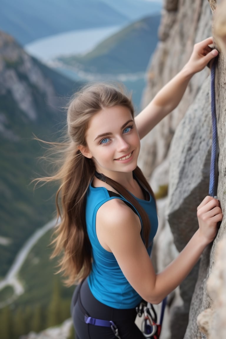 A beautiful girl doing rock climbing, 18-year old (European girl), (symmetrical pale blue eyes), long brunette hair, (fair skin), seductive smile, perfect athletic body, wearing (tight sportswear), ((rock climbing gear)), (hanging on a cliff with hands on rock), majestic mountain view, close-up, photography, 12k, natural lighting, UHD, sharp focus, hyper-detailed