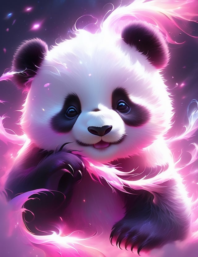 cute white and pink fluffy little panda, magical, white wisps of magical smoke wisp away from him in all directions his eyes color in pink, Broken Glass effect, no background, stunning, something that even doesn't exist, mythical being, energy, molecular, textures, iridescent and luminescent scales, breathtaking beauty, pure perfection, divine presence, unforgettable, impressive, breathtaking beauty, Volumetric light, auras, rays, vivid colors reflects