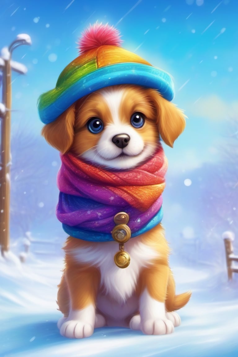 Cute puppy in the snow wearing  cool hat, scarf and costume of vibrant colors digital paiting Its expression is a delightful mix of mischief and excitement. add smiling face,HZ Steampunk,Xxmix_Catecat,JMF,3d style