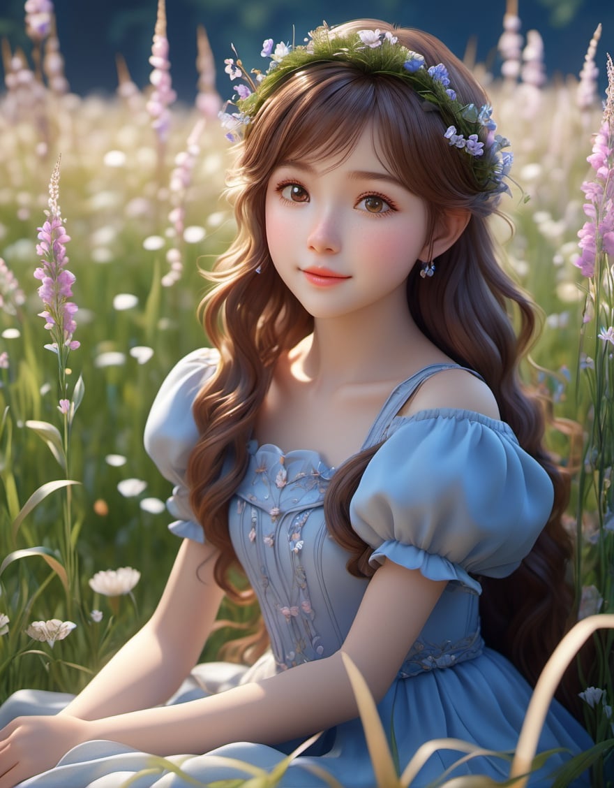 cute girl with brown hair sitting in a field of grass, realistic anime 3 d style, stunning 3d render of a fairy, cgsociety 9, photorealistic anime girl render, fairy cgsociety, realistic anime artstyle, render of mirabel madrigal, realistic anime art style, 3 d anime realistic, realistic cute girl painting, princess ariel