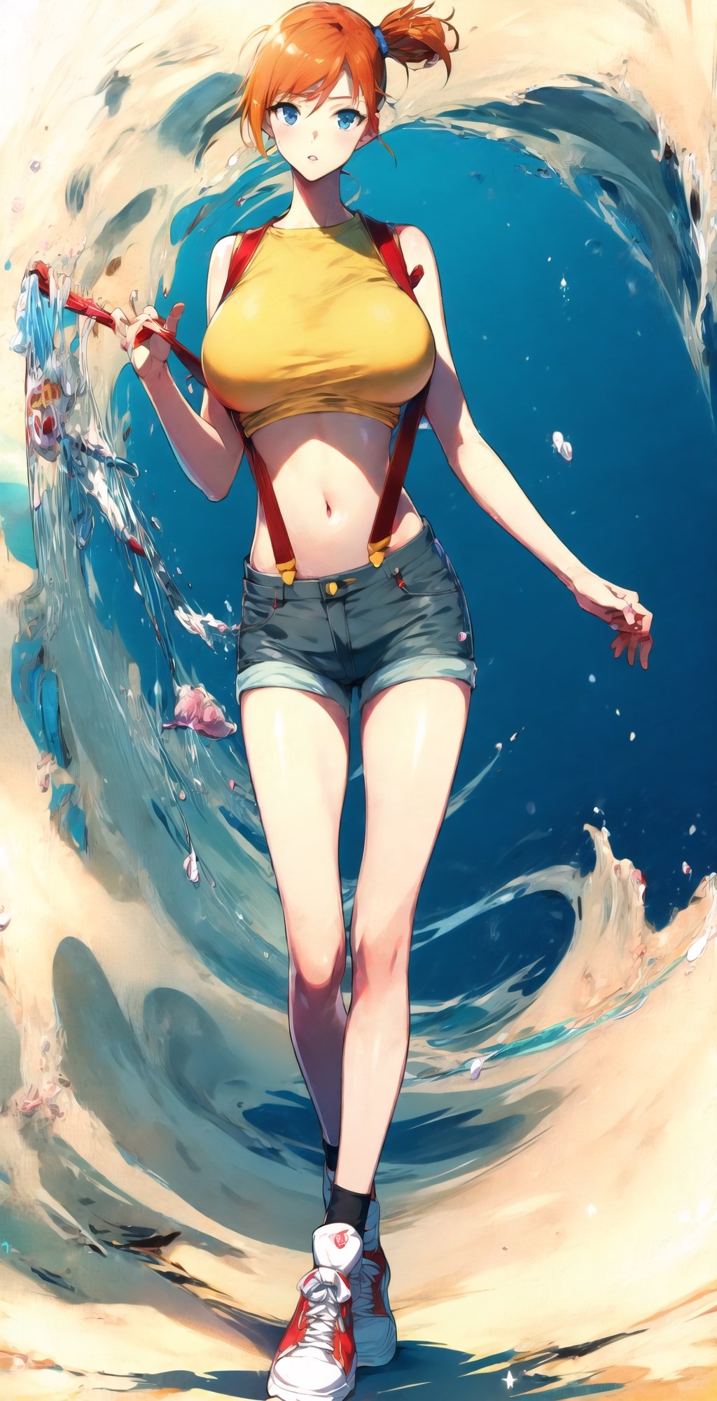 ((masterpiece, best quality, extremely detailed, )),  masterpiece, best quality, looking at viewer, murata yuusuke Style\(style\), {big milkers} (full body), masterpiece, best quality, highres, 1girl, misty (pokemon), orange hair, solo, shorts, suspenders, side ponytail, orange hair, midriff, shoes, sneakers, yellow crop top, navel, short hair, denim, denim shorts, large breasts, ,murata yuusuke