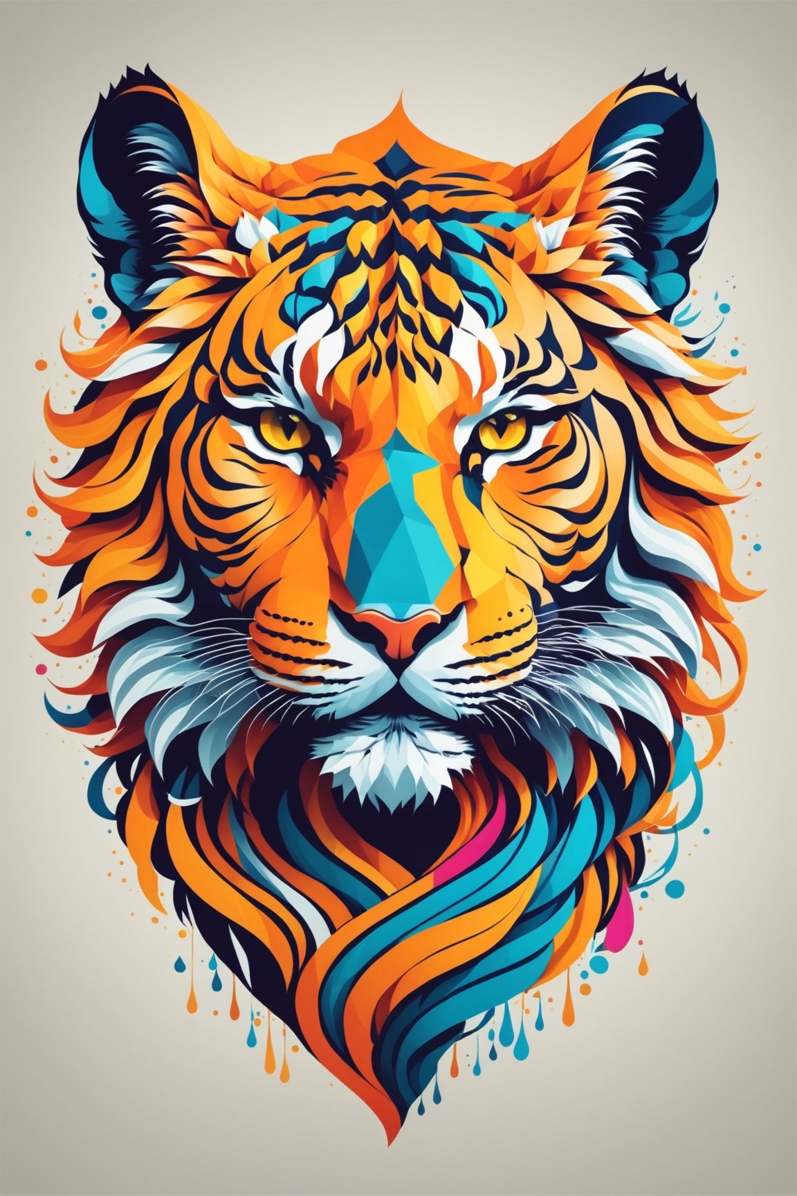 A tiger , symetrical, vector illustration, Leonardo Style,tshirt design,oni style, color splash, inkstrike (splatoon), ribbons, vibrant, full figure, 