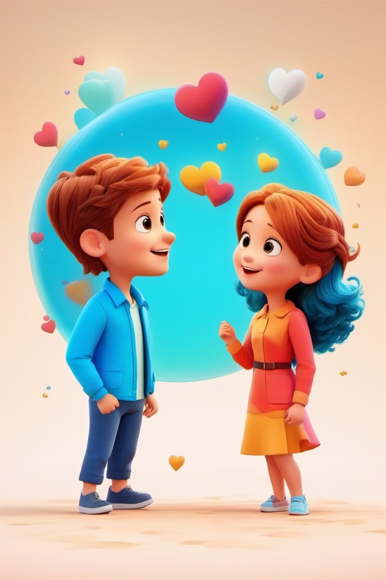 Cute couple, gazing at each other, in a clear background, with a 3D cartoon zoom effect, Cartoon, Illustration, Close-up, Vibrant colors, Clear background, Playful atmosphere, High quality




