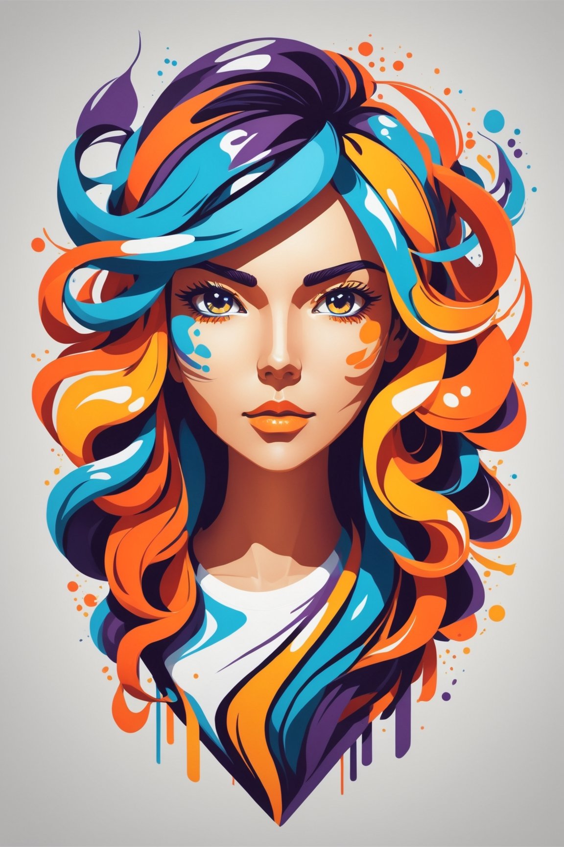 A Women , symetrical, vector illustration, Leonardo Style,tshirt design,oni style, color splash, inkstrike (splatoon), ribbons, vibrant, full figure, 