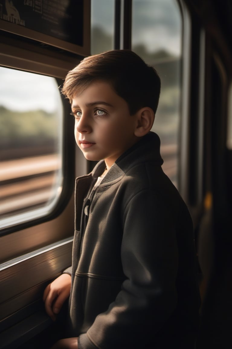 Boy, looking out, train window, train platform, soft sunlight, Realistic, Photography, DSLR, Portrait, Neutral colors, Outdoor, Natural lighting, High quality, Detailed, Genuine emotion, Human connection


