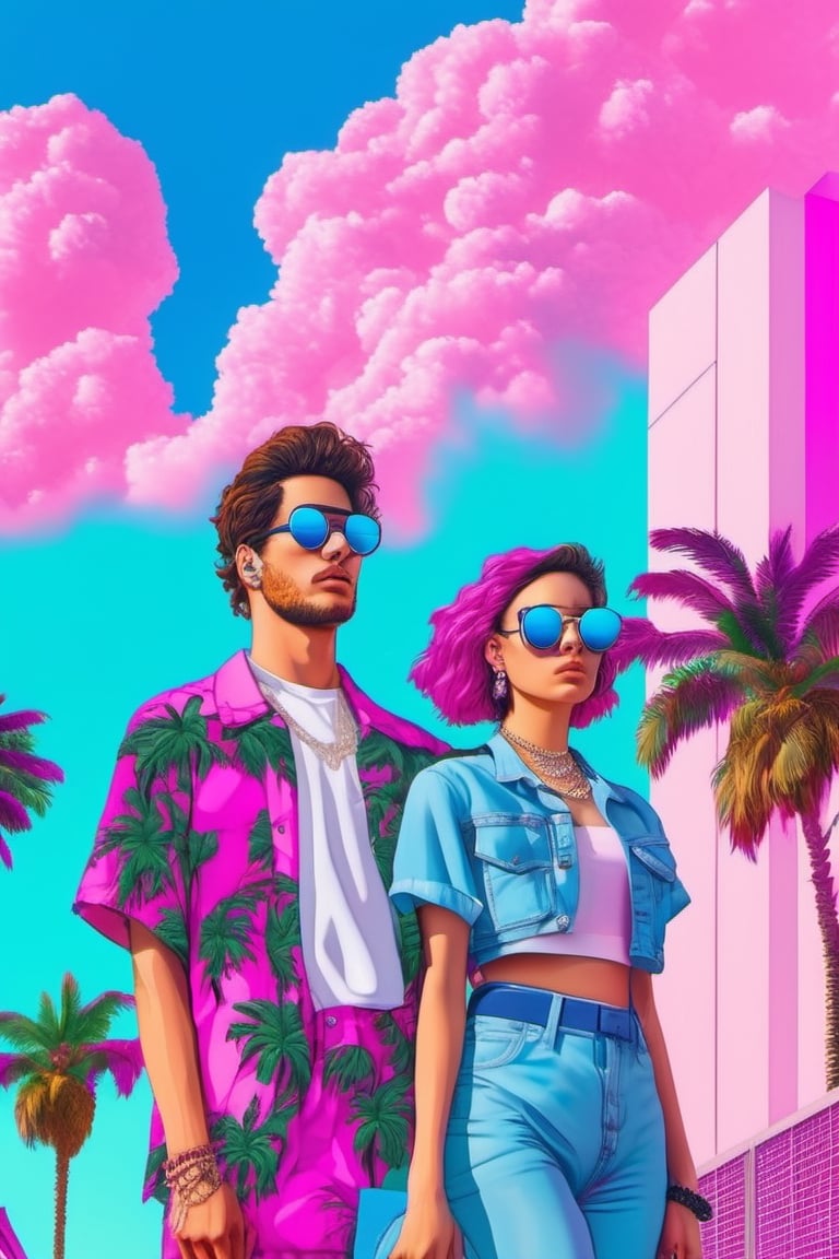 vaporwave style, palm tree, tree, couple, upper body, sunglasses, outdoors, sky, chain, cloud, building,  day , sharp details, HD