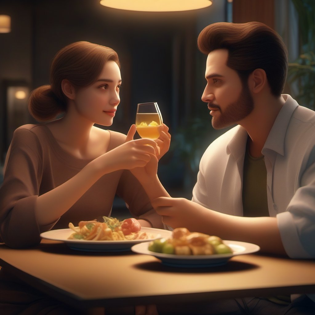 A couple in a resturent , romance_mood , eating food,
sharp eyes , sharp face ,realistic , 8k 