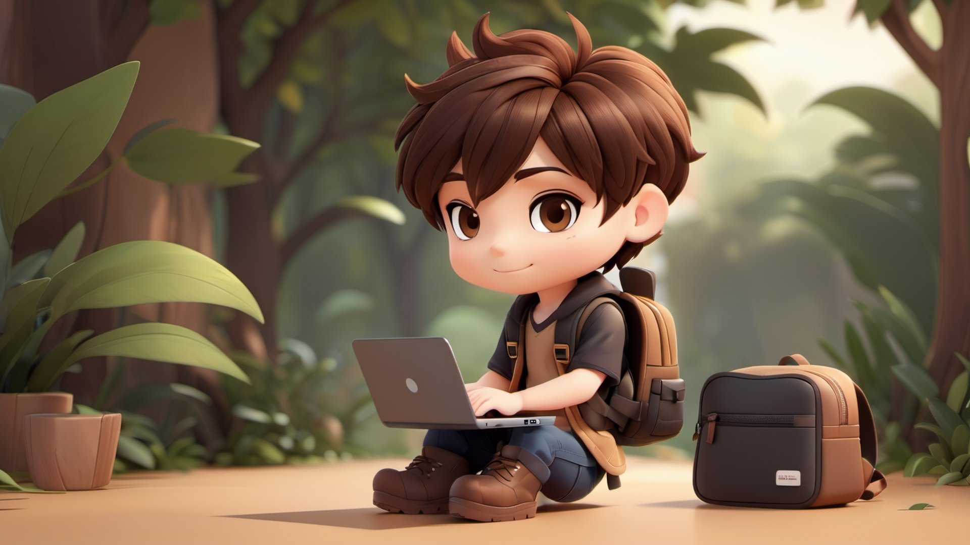 1boy, backpack, soft background, boots, chibi, work on computer,leaf, male focus, table, brown black hair, short hair, boy in left side,  simple background, solo, tattoo, desktop wallpaper design ,3d style,3d toon style