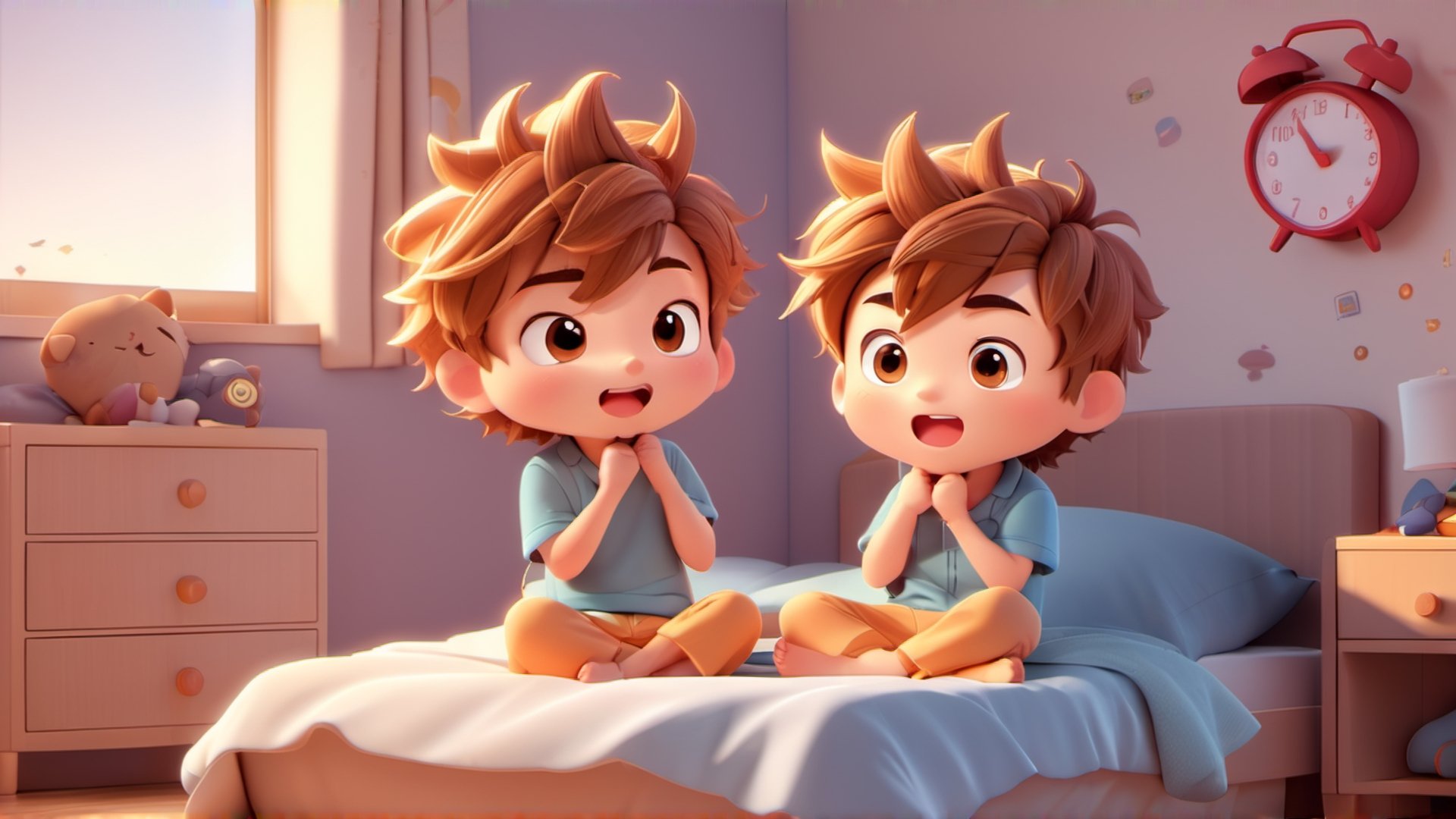 1boy, boy, yawning, morning light, bedroom setting, messy hair, pajamas, stretch, chibi, cozy atmosphere, male focus, bed with sheets, alarm clock, sleepy eyes, slippers, simple background, solo, morning routine, 3d style, 3d toon style.