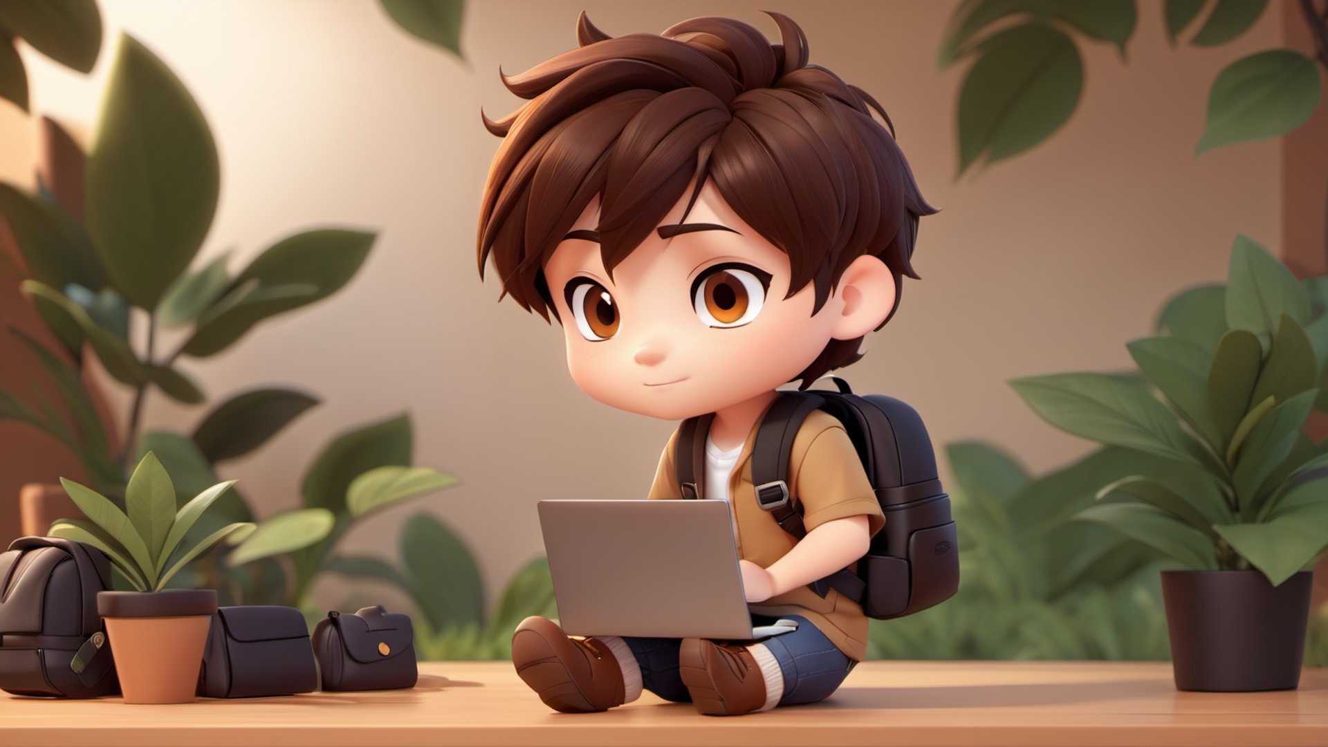 1boy, backpack, soft background, boots, chibi, work on computer,leaf, male focus, table, dektop, brown black hair, short hair, simple background, solo, tattoo, desktop wallpaper design ,3d style,3d toon style