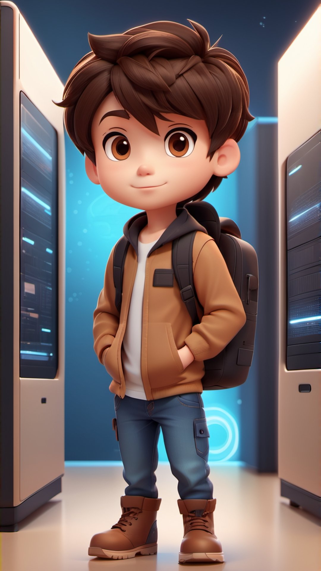 1boy, backpack, bag, soft background, in computer server room, casual boots, smart casual style, chibi, standing, male focus, hold tablet, brown black hair, short hair, simple background, solo, tattoo, desktop wallpaper design ,3d style,3d toon style, as icon pack