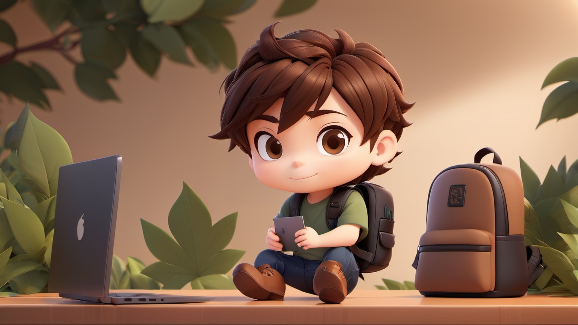 1boy, backpack, soft background, boots, chibi, work on computer,leaf, male focus, table, dektop, brown black hair, short hair, simple background, solo, tattoo, desktop wallpaper design ,3d style,3d toon style