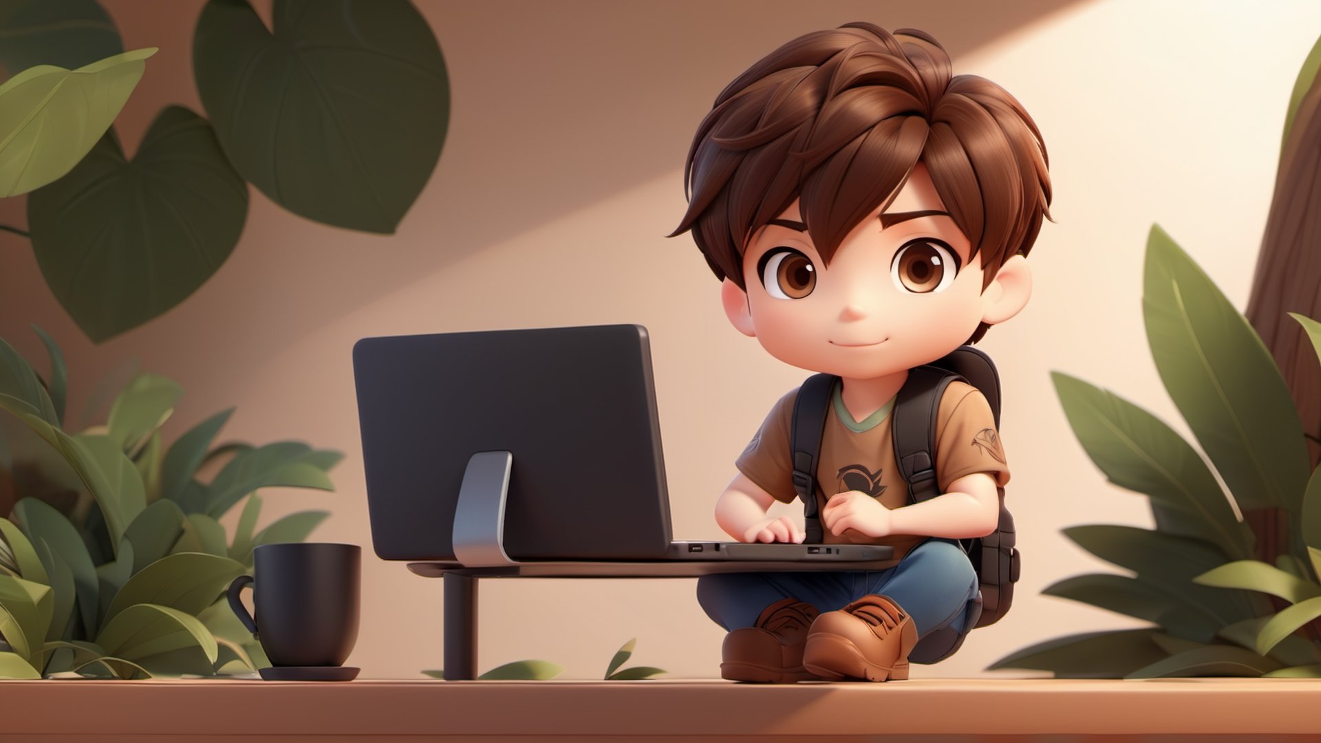 1boy, backpack, soft background, boots, chibi, work on computer,leaf, male focus, table, brown black hair, short hair, boy only 0.2 of size canvas in left side,  simple background, solo, tattoo, desktop wallpaper design ,3d style,3d toon style