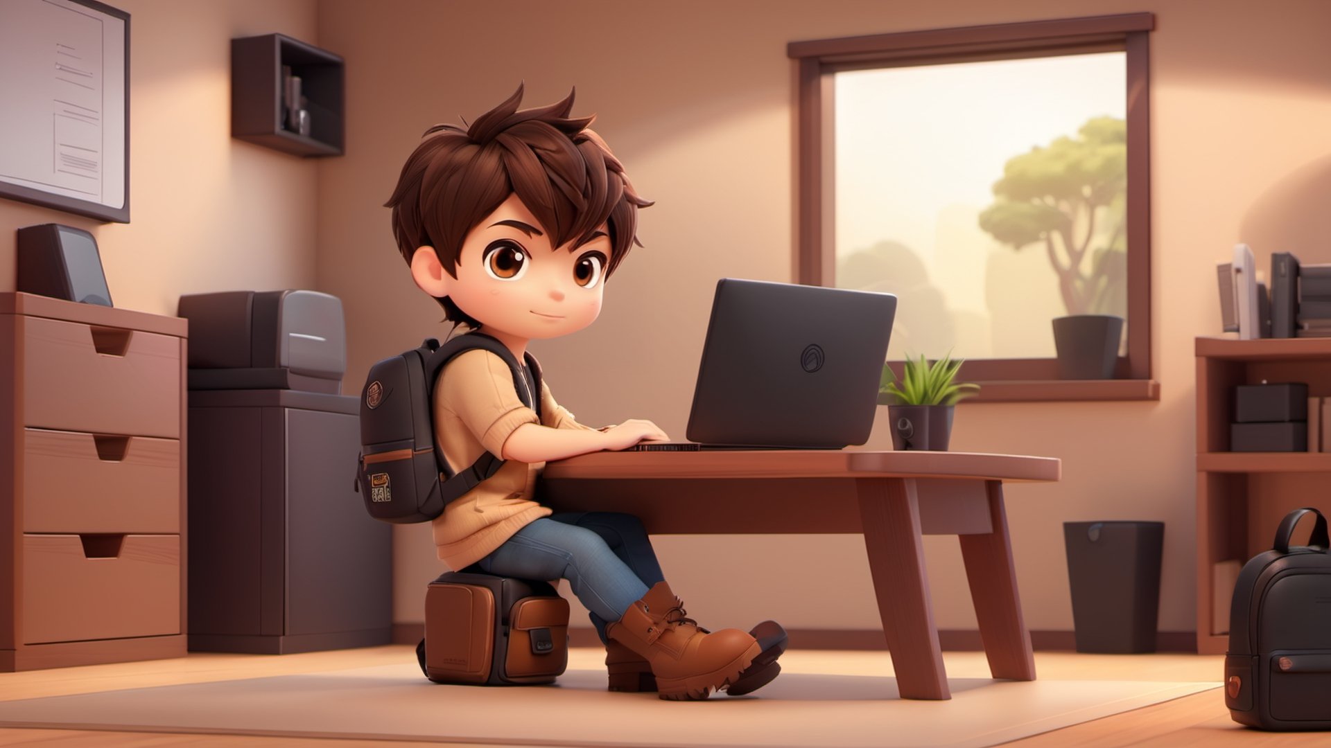 1boy, backpack, soft background, boots, chibi, work on computer, in cozy computer working room, male focus, table, dektop, brown black hair, short hair, simple background, solo, tattoo, desktop wallpaper design ,3d style,3d toon style