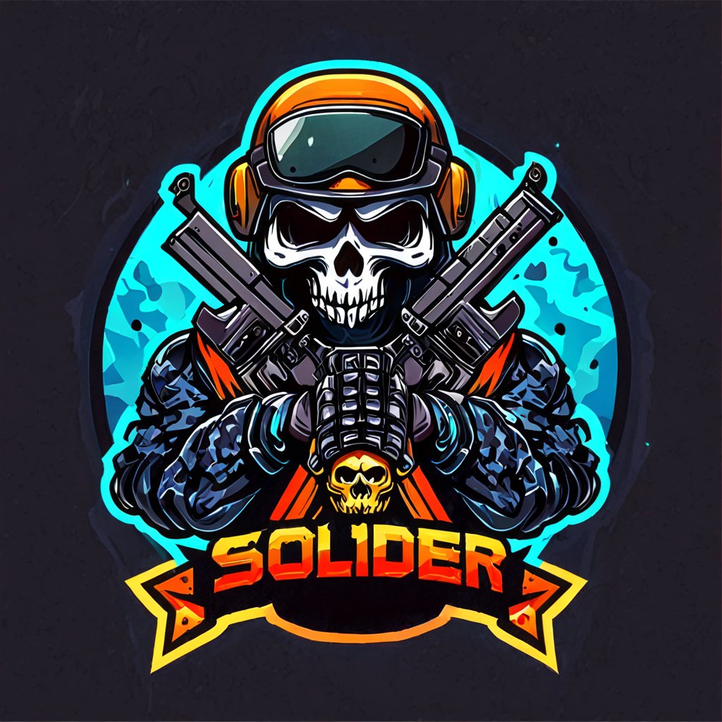 (best quality, 4k, 8k, highres, masterpiece:1.2), ultra-detailed,Gaming logo design, skull with soldier helmet, machine gun, illustration, a cartoon character with,gradient color background