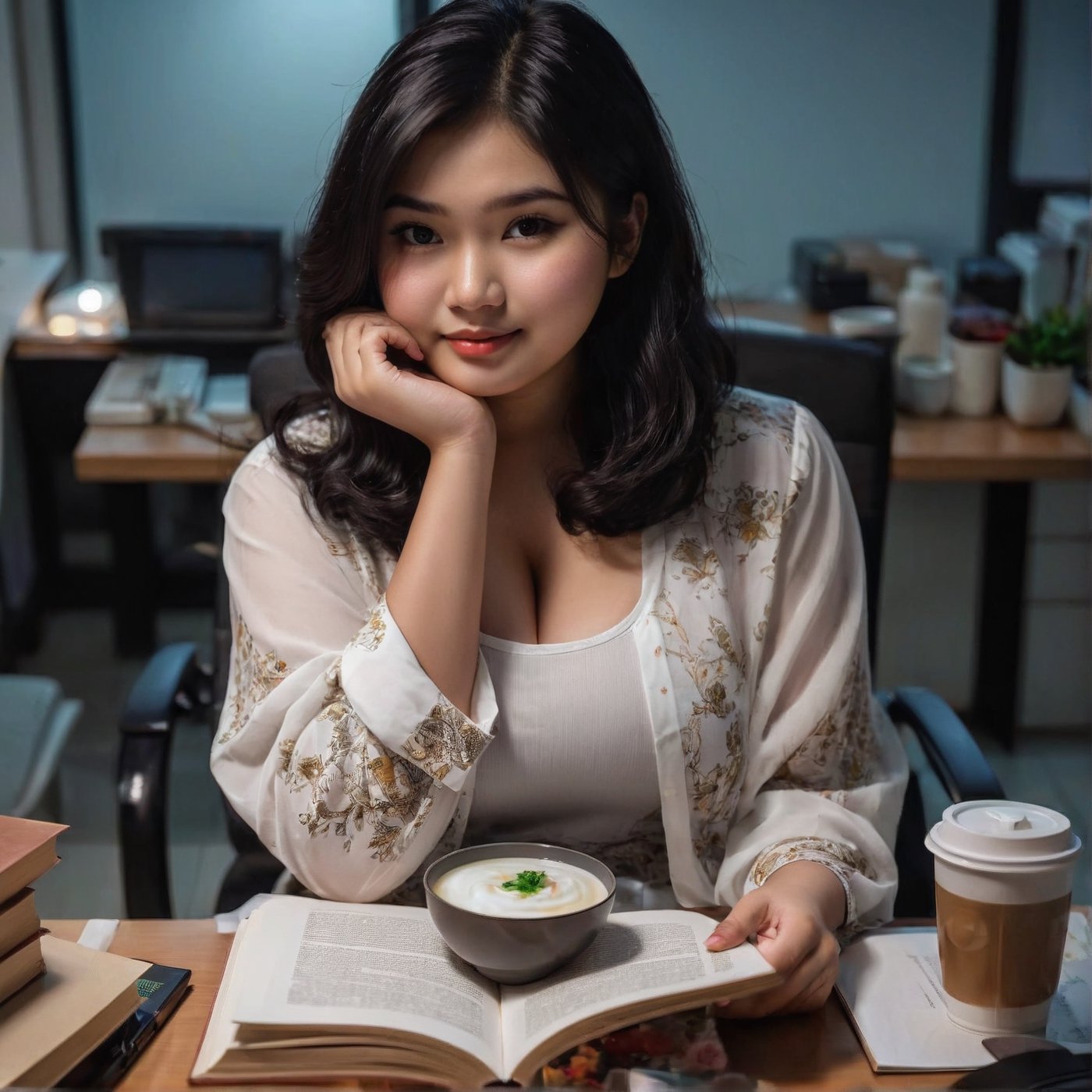 indonesian girl, beautiful, short wavy black hair, chubby, plus sized body, pale skin, skin blemishes, glowing skins, printed white shirts, office room, night time, cleavage, sitting and reading book, table, chair, foods, slightly smile, coffee, HDR, professional photography, dark