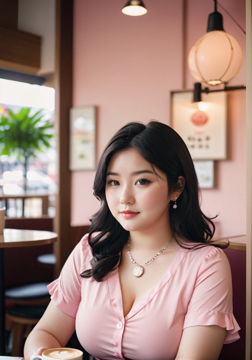 25yo girl, Japanese mixed cute face, (chubby body:1.2), pale skin, blemish natural skin, slightly smile, gorgeous wavy black hair, tight fitting short sleeve pink blouses button, unbuttoned, medium perky breasts, diamond necklace, coffee shop, soft light, cool tone, highly detailed, sitting enjoying coffee,LinkGirl