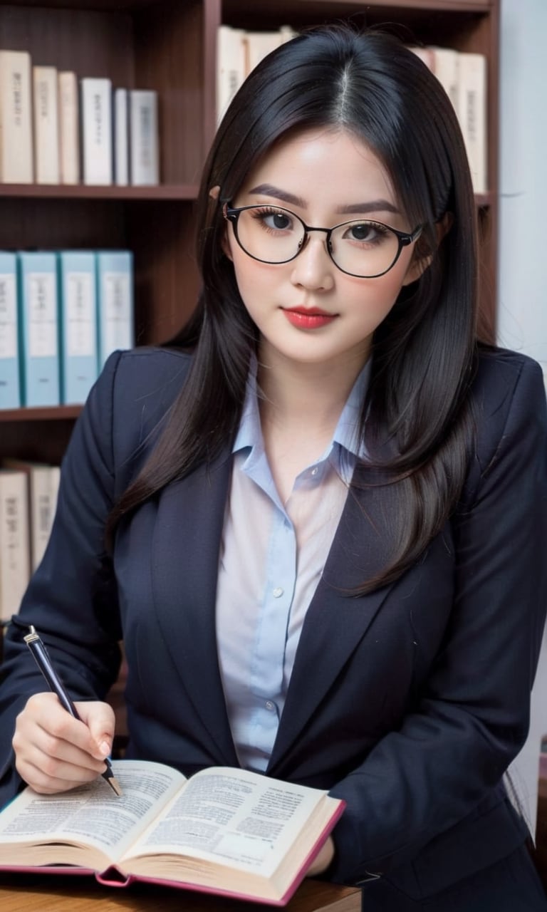 portrait 25yo woman, beautiful asian face, huge perky breasts, cleavage, white pale skin, blazer office uniform, gorgeous long black hair, semi rimless glasses, sitting and reading book, stack of books, table, office room,LinkGirl