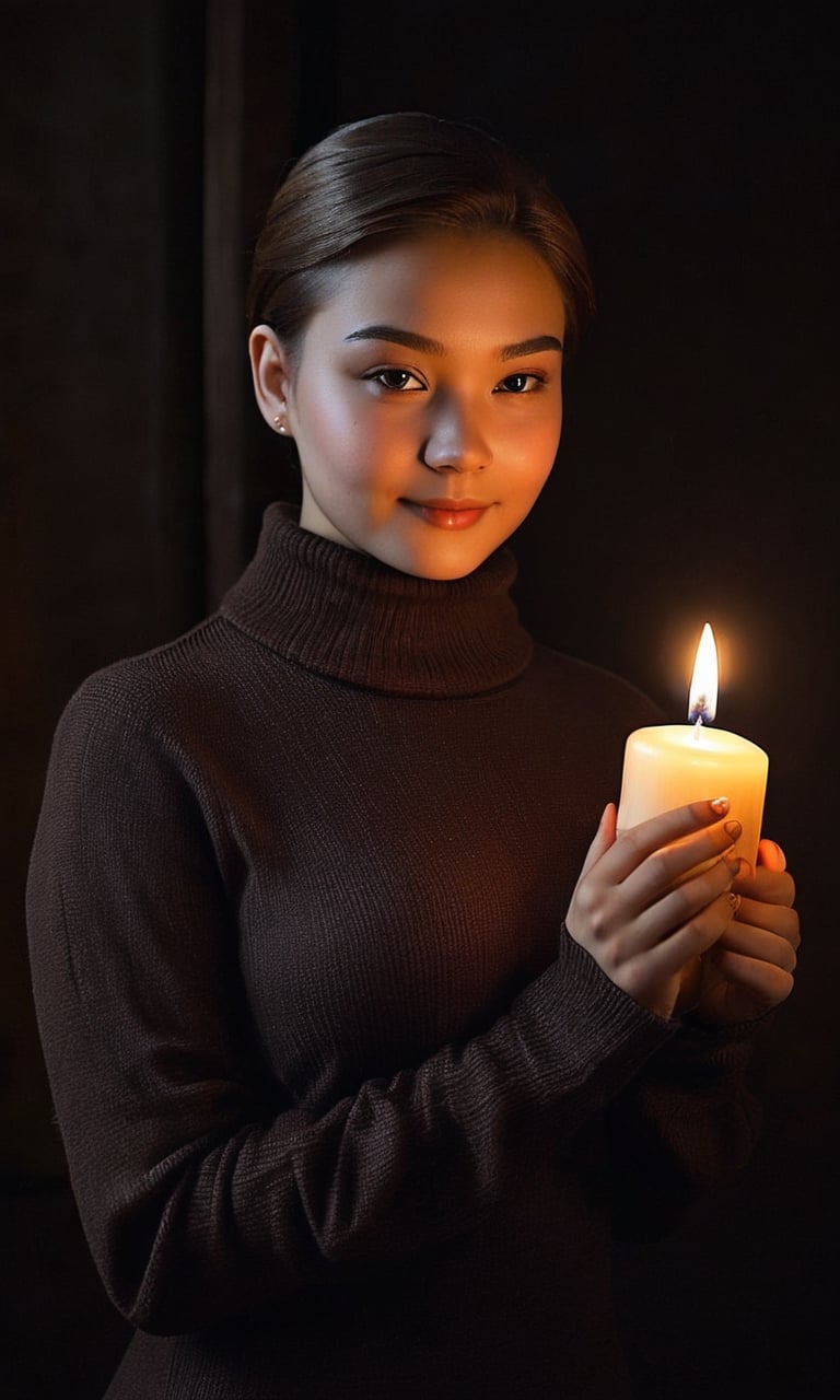 portrait 20yo girl, beautiful eurasian face, seductive smile, gorgeous short hair, brown turtleneck, perky breasts, holding candle with both hands, perfect drawn fingers, dark background, night shot, hard shadow, low light, front view shot, look at viewer