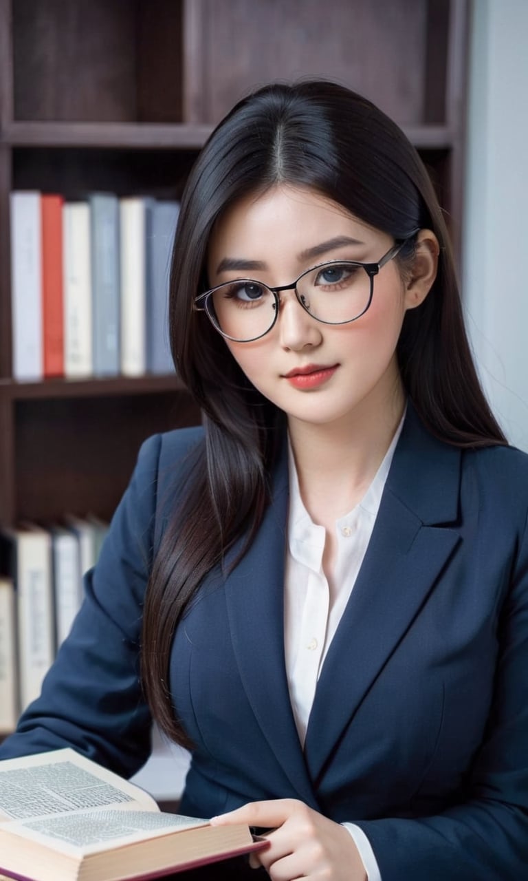 portrait 25yo woman, beautiful asian face, huge perky breasts, cleavage, white pale skin, blazer office uniform, gorgeous long black hair, semi rimless glasses, sitting and reading book, stack of books, table, office room,LinkGirl