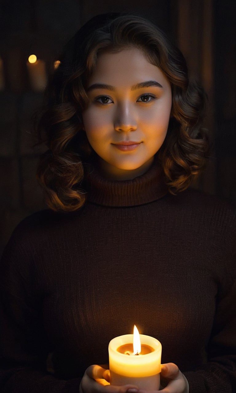 portrait 20yo girl, beautiful eurasian face, seductive smile, gorgeous short wavy hair, brown turtleneck, perky breasts, holding candle with both hands, perfect drawn fingers, dark background, night shot, hard shadow, low light, front view shot, look at viewer