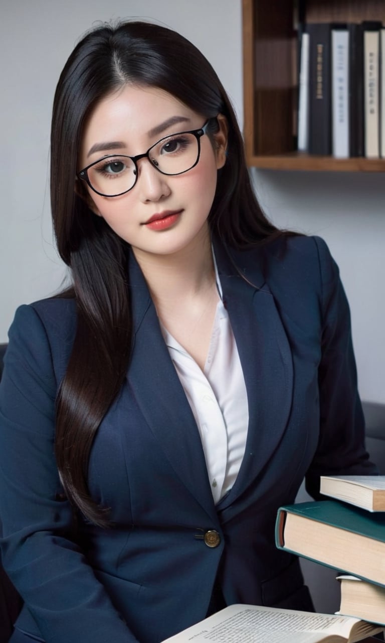 portrait 25yo woman, beautiful asian face, huge perky breasts, cleavage, white pale skin, blazer office uniform, gorgeous long black hair, semi rimless glasses, sitting and reading book, stack of books, table, office room,LinkGirl