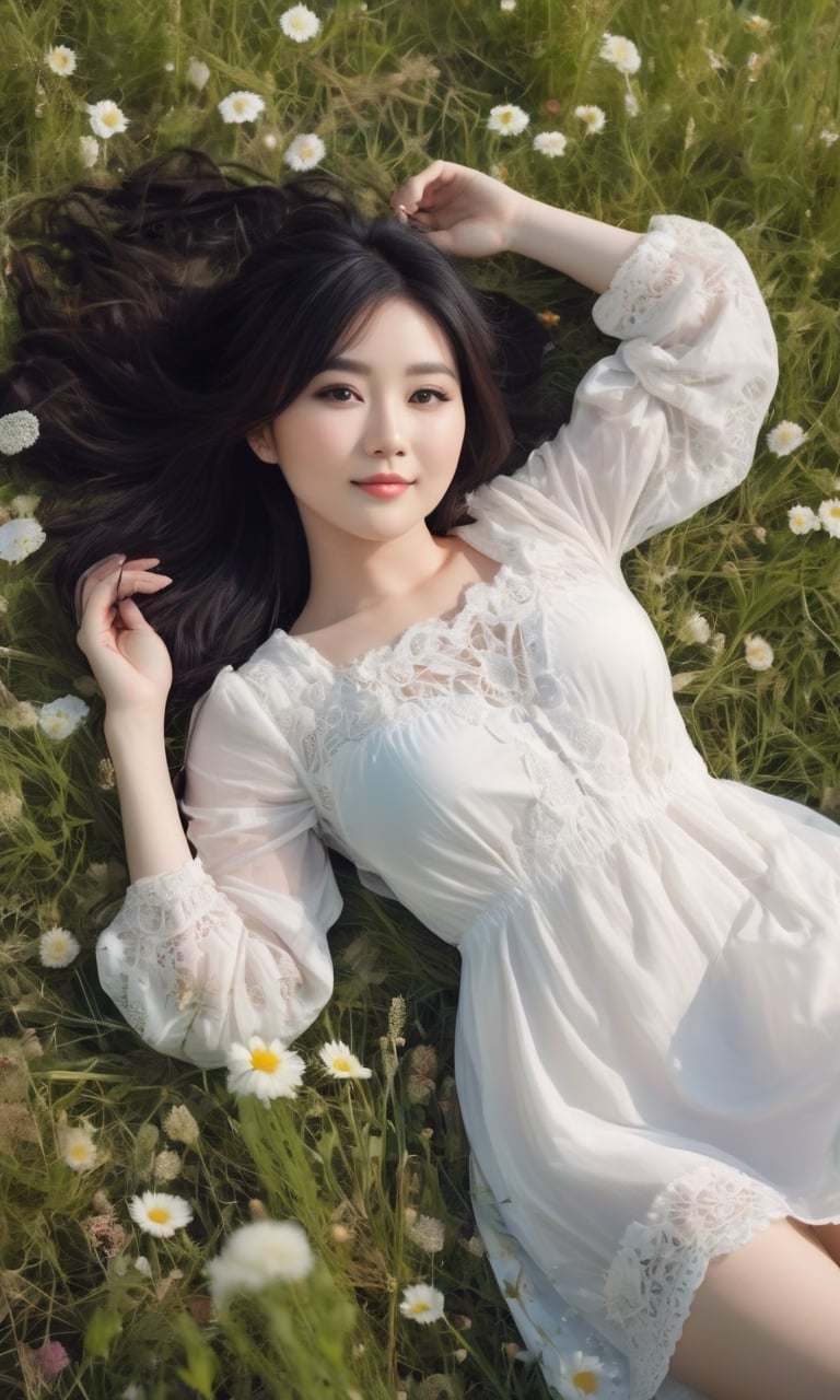 portrait 30yo woman, beautiful Japanese face, chubby body, messy black hair, white pale skin, seductive smile, summer mini dress, laying in the meadow, sleeping on your back, morning shot, movie lights, dramatic, high angle shot, highly intricate details, (full body:1.2)