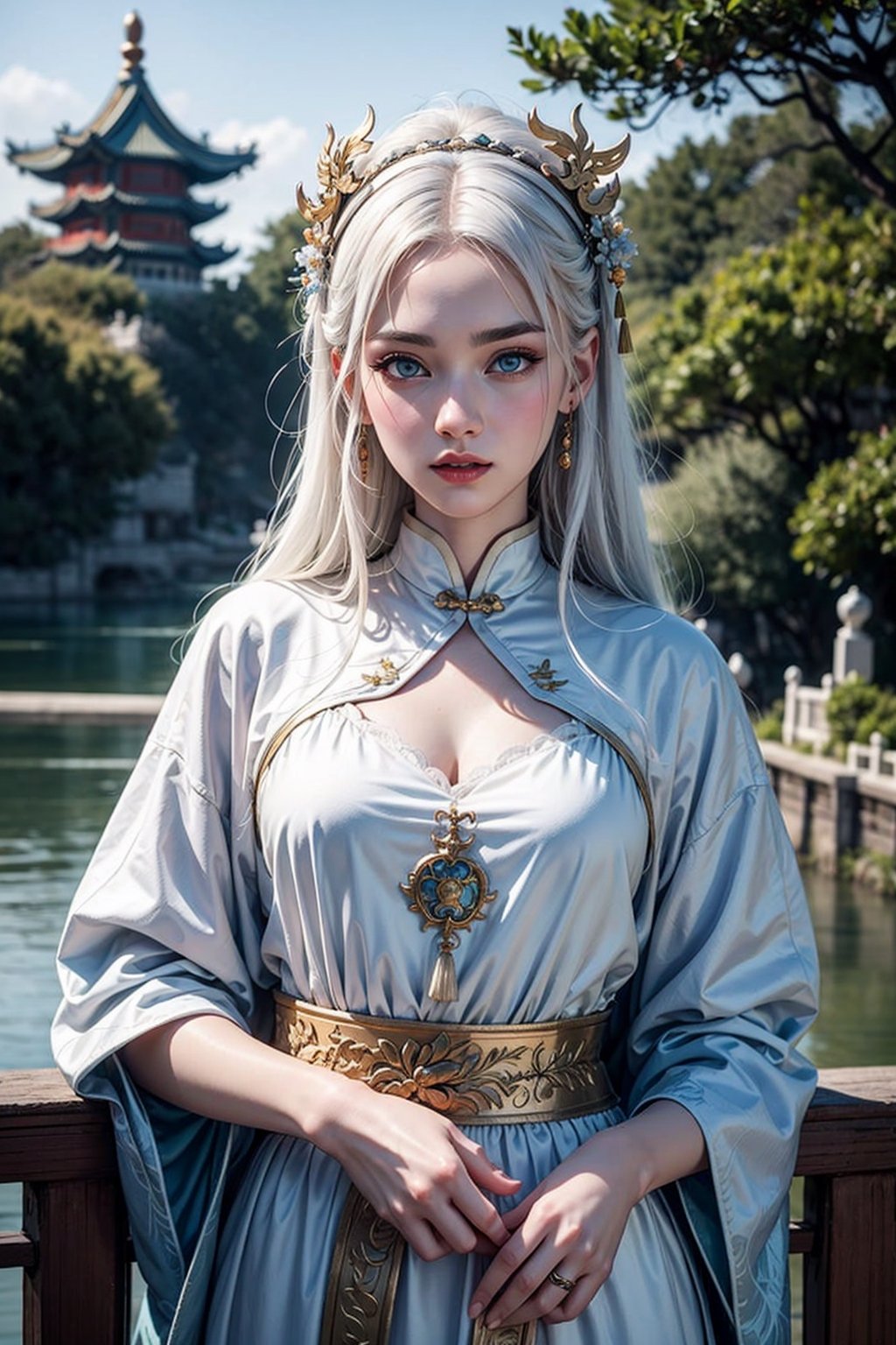 Highly detailed. Sharp focus, sub surface scattering, art nouveau, tom bagshaw as ruan jia, beautiful woman, pale blue eyes, albino, white eyebrows, white eyelashes, white hair, ancient Chinese gown, pale skin, plump lips, rainbow clothing, ancient Chinese bridge over water, Chinese palace,fantasy_princess