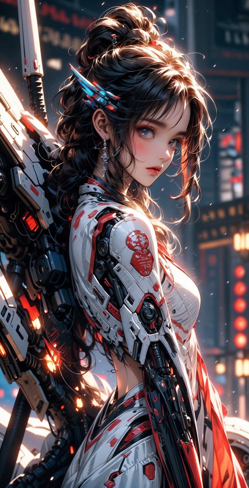 {{master piece}},best quality,illustration,1girl,small breast,beatiful detailed eyes,beatiful detailed cyberpunk city,flat_chest,beatiful detailed hair,wavy hair,beatiful detailed steet,mecha clothes,robot girl,cool movement,sliver bodysuit,{filigree},dargon wings,colorful background,a dragon  stands behind the girl,rainy days,{lightning effect},beatiful detailed sliver dragon arnour,（cold face）