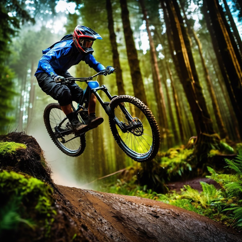 best quality, masterpiece, mountain biker, downhill bike, forest backround, doing a whip, rain, have a launch jump