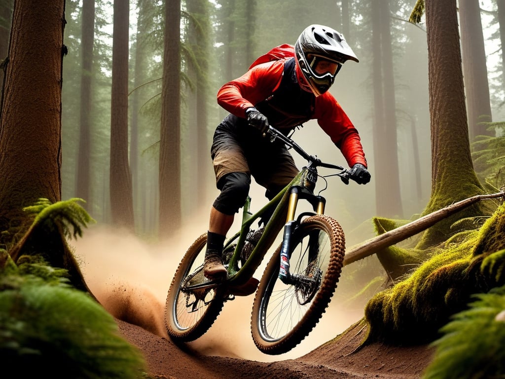 best quality, masterpiece, mountain biker, downhill bike, forest backround, doing a whip, rain, have a launch jump