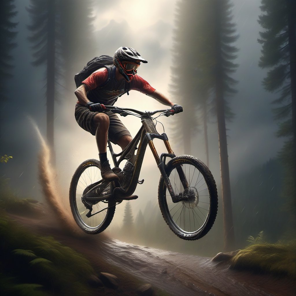 best quality, masterpiece, mountain biker, downhill bike, forest backround, doing a whip, rain, have a launch jump