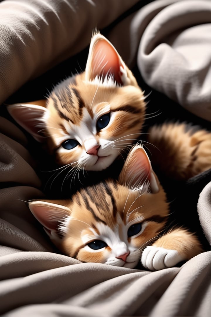 Kittens, sleeping in bed, curled up, warm, top view, half asleep, cute, adorable, cinematic camera angle, in battlefield ,highly detailed and dark environment, dynamic pose, highly accurate face details, hyper-realistic, 8k, highly detailed,