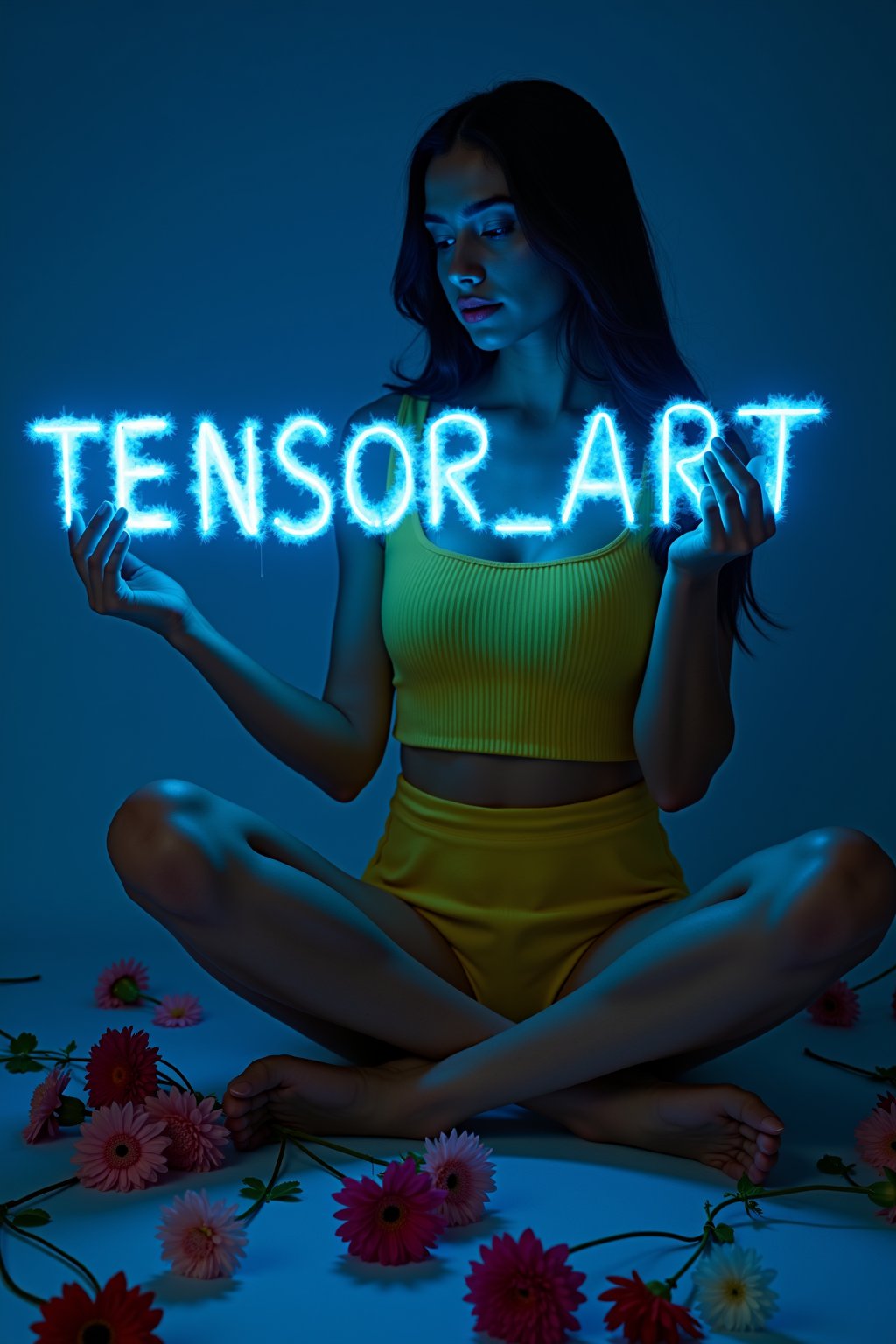  , a woman sitting on dark room, wearing yellow crop top creating glowing flowers spelling out the words \"TENSOR_ART\", glowing blue light, dynamic color, there is flowers scattered around her, depth of field, dynamic angle"