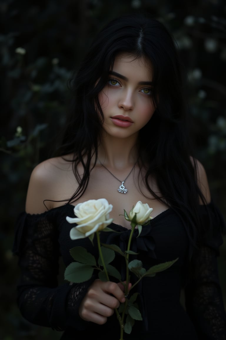 ((masterpiece, best quality)),best aesthetic,1girl, solo, long hair, black dress, flower, ribbon, black background, black hair, rose, hair ribbon, green eyes, long sleeves, white rose, closed mouth, black ribbon, upper body, cinematic lighting