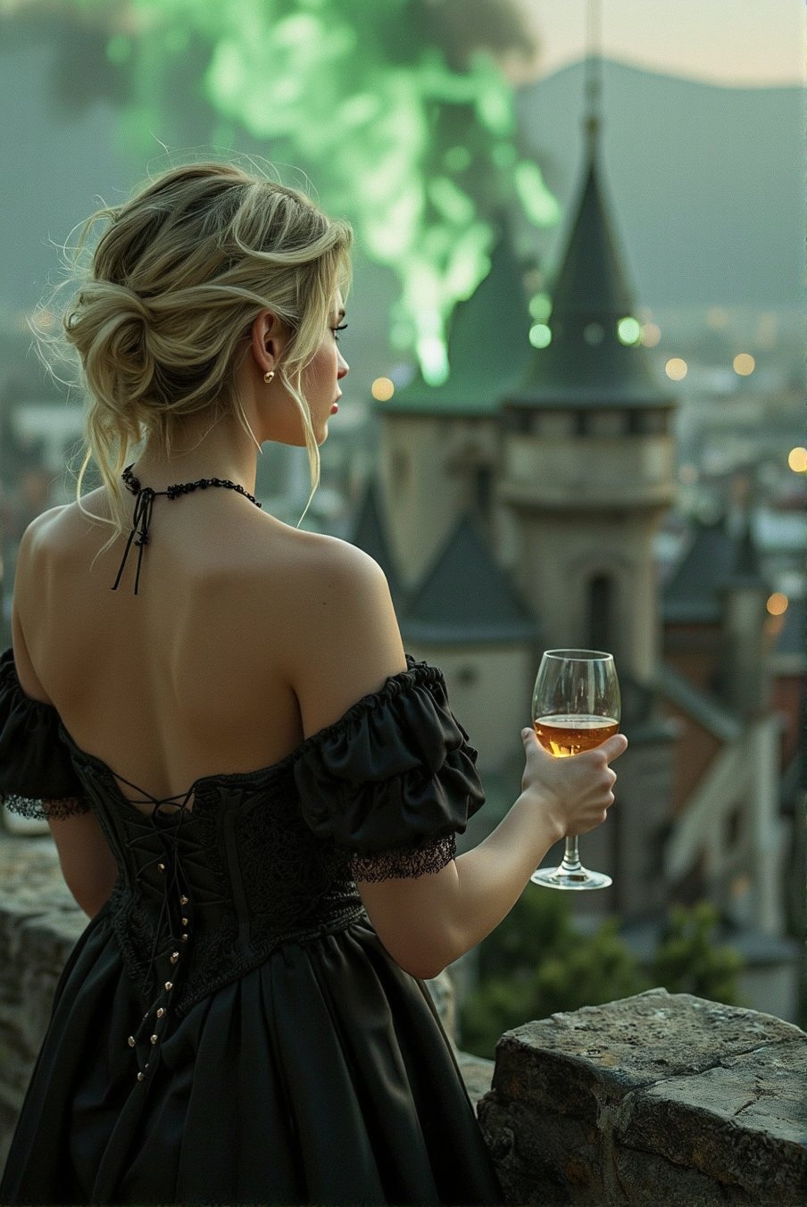    Back view of a queen wearing a black dress, with blond short hair and hold a wine glass. She is in a fortress and look at a large batiment burning by a green fire, in the city below, from a little balcony, oil on canvas style