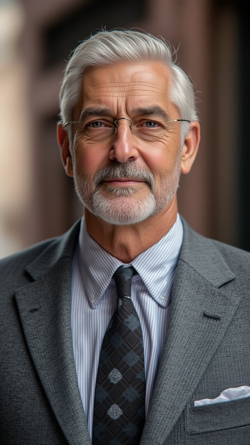  Photo of man, handsome mature man, fashion, high quality image, extremely detailed, close-up, Close-up of a distinguished silver-haired man with a neatly trimmed beard, deep-set eyes, and a calm expression, wearing a tailored grey suit with a patterned tie, exuding sophistication and wisdom.