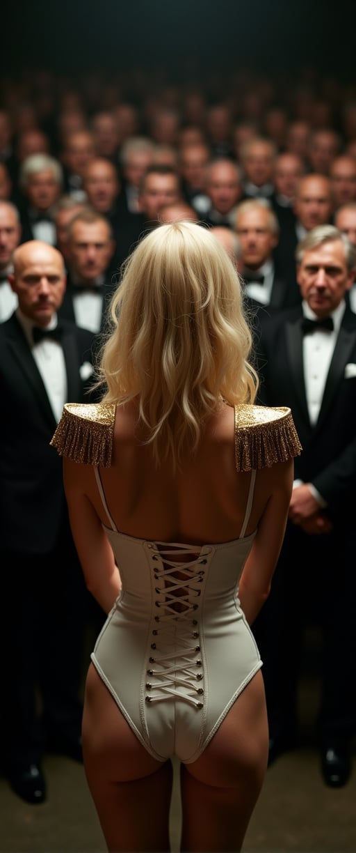  dark burlesque stage, stunning blond woman in a white corset and golden epaulettes, in front of a huge group of 40 years old men in dark tuxedos, dark background, natural lighting, hyper-realistic, super-detailed, fashion catalog