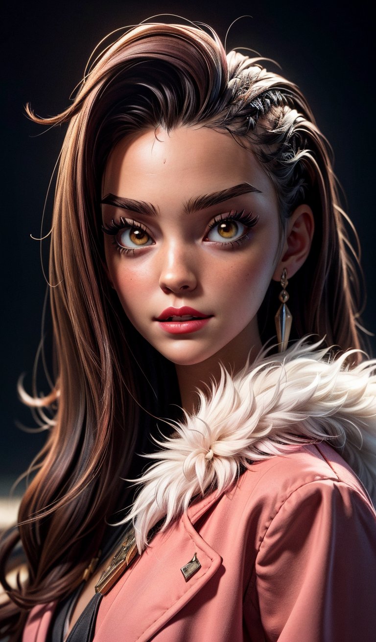     Minimalistic portrait of a beautiful woman with red lips and cold big eyes wearing earrings, a light pink fur coat in a haute couture style isolated on a dark background, cinematic lighting, ultra-realistic, shot in the style of Hasselblad X2D + Pishington E Skinner + Peter Coulson, minimalism --ar 5164