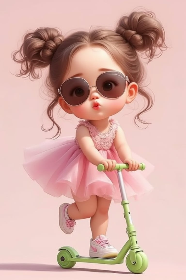  Simple background with a cute little girl with her hair in two braids. She wears stylish sunglasses and a pretty pink princess lace dress. Her Nike sneakers can be seen as she plays on a green scooter, her lips slightly puckered in a cute pout. The scene is framed by focusing on her playful expression and vibrant colors. The artworks are polished and refined and capture the essence of a delightful moment.