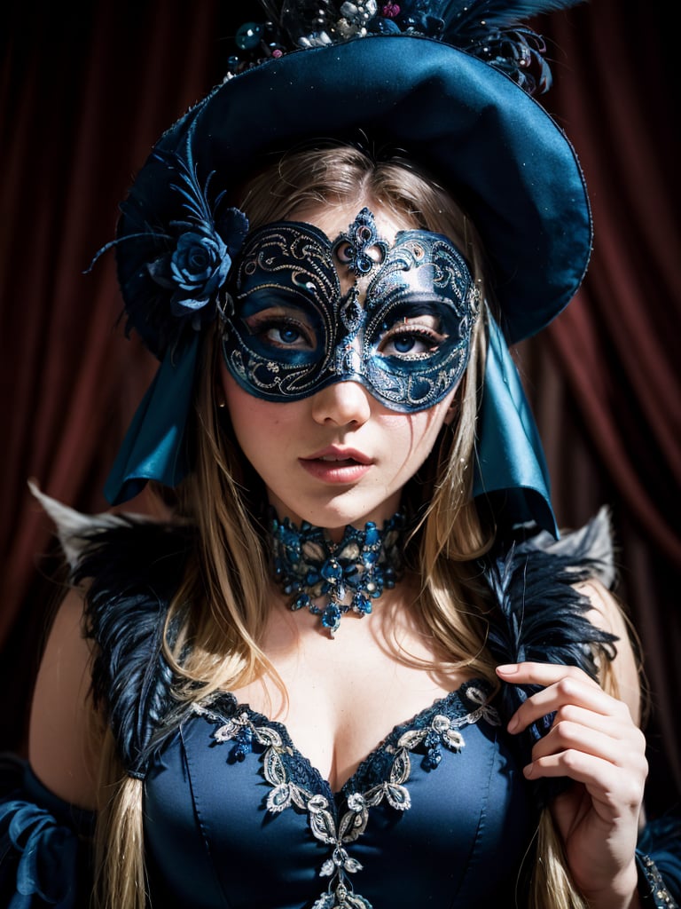 Portrait of a woman in a richly decorated masquerade mask. the mask has high detail and elegant style. the design creates an atmosphere of mystery, fantasy, and magic.