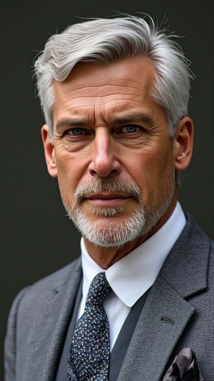  Photo of man, handsome mature man, fashion, high quality image, extremely detailed, close-up, Close-up of a distinguished silver-haired man with a neatly trimmed beard, deep-set eyes, and a calm expression, wearing a tailored grey suit with a patterned tie, exuding sophistication and wisdom.