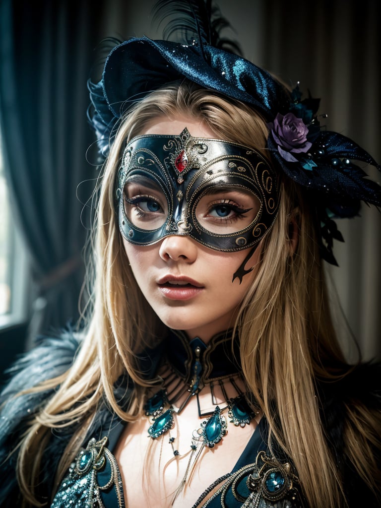 Portrait of a woman in a richly decorated masquerade mask. the mask has high detail and elegant style. the design creates an atmosphere of mystery, fantasy, and magic.