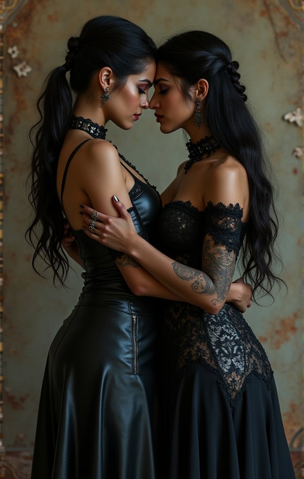   Realistic gothic digital photography women portrait romancing each other, plus size with leather outfit, indian goddess, rambha, urvashi, menake, full body, embracing, rambha, katrna, sunny leone