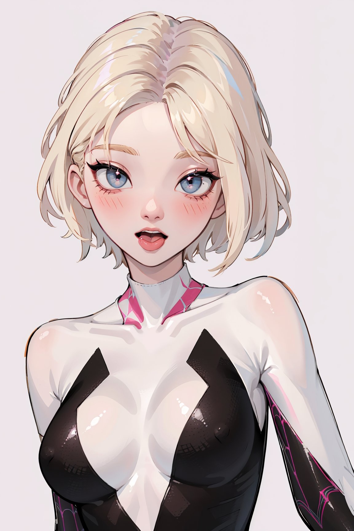 (masterpiece, best quality, highres:1.3), ultra resolution image, (1girl), (solo), (POV, dynamic angle, from top), gwen stacy, spider web print, spider gwen, short hair, flowing hairs,blonde hair, gigantic_breasts, nipples see-through body suit, seductive smile ,open mouth, ((blush)), naughty face, orgasm, torogao, drooling, tongue, cum on face, cum on body, superhero,gwenstacy